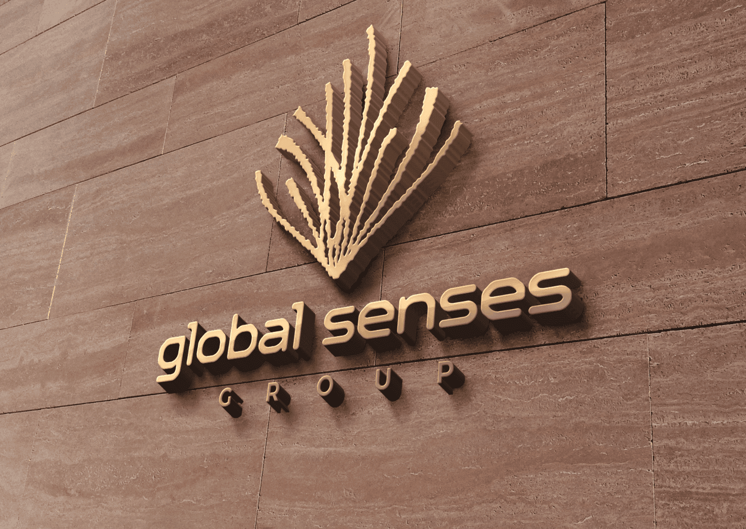 Wall sign with Global Senses Group logo and text in gold on a textured brown surface.